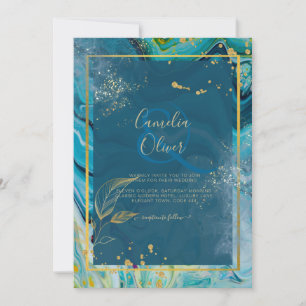 Convite Casamento com Abstrato de Pavock Blue Dourado INK