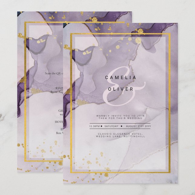 Convite Casamento com Abstrato de Tinta Dourada de Álcool  (Frente/Verso)