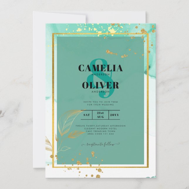 Convite Casamento com Abstrato de Tinta Dourada de Álcool  (Frente)