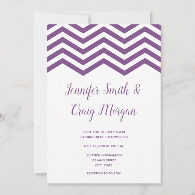 Convite Casamento com acabamento em Chevron Branco e Roxo (Frente)