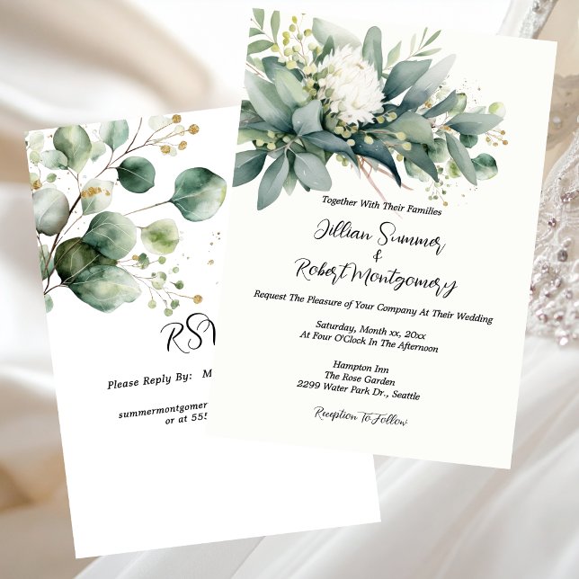 Convite Casamento com Acento Dourado em Flora Suave e Verd (Soft Floral Greenery Gold Accent Wedding Invitation)