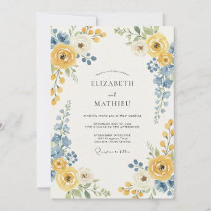 Convite Casamento com Acento Floral Azul Amarelo