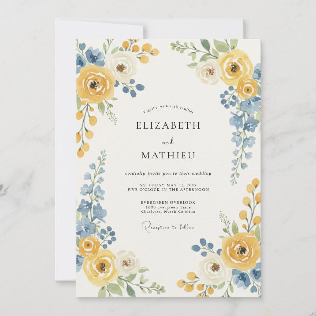 Convite Casamento com Acento Floral Azul Amarelo (Frente)