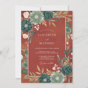 Convite Casamento com Acento Floral de Outono em Verde Azu