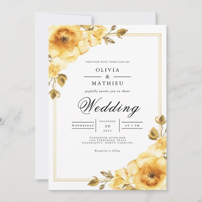 Convite Casamento com Acento Floral Dourado (Frente)