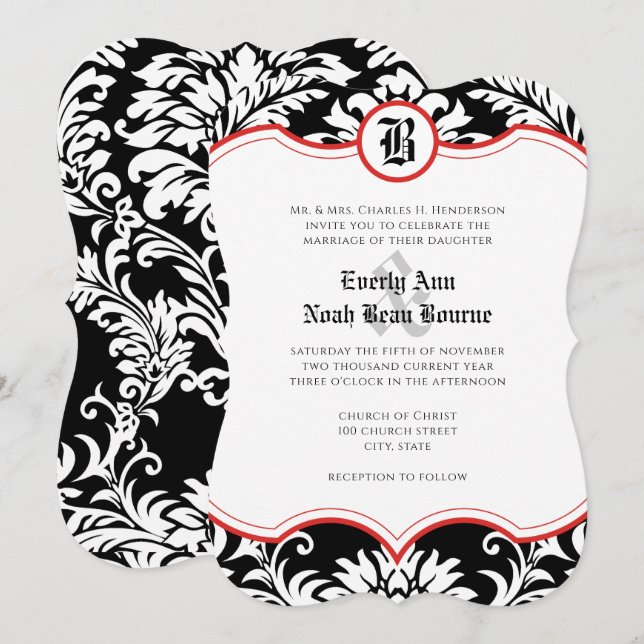 Convite Casamento com Acentos Vermelhos em Estilo Damasco  (Frente/Verso)