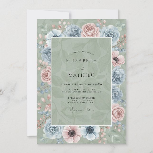 Convite Casamento com Aço Celadon e Flor de Cerejeira (Frente)