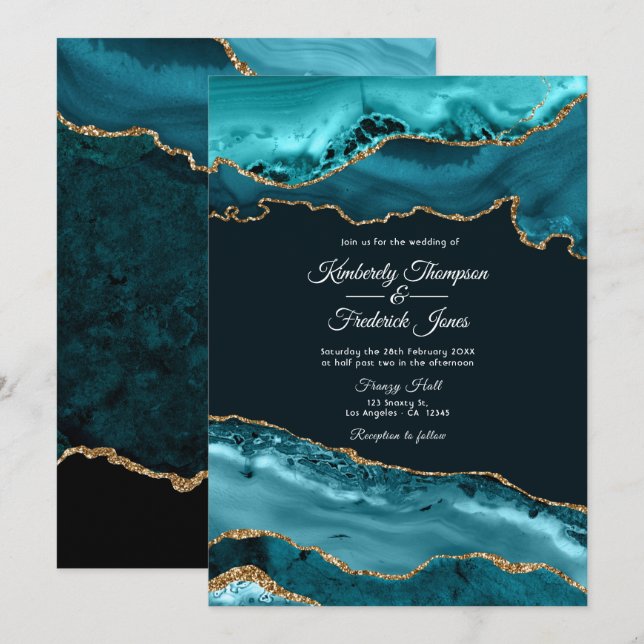 Convite Casamento com Ágata Azul e Dourado (Frente/Verso)