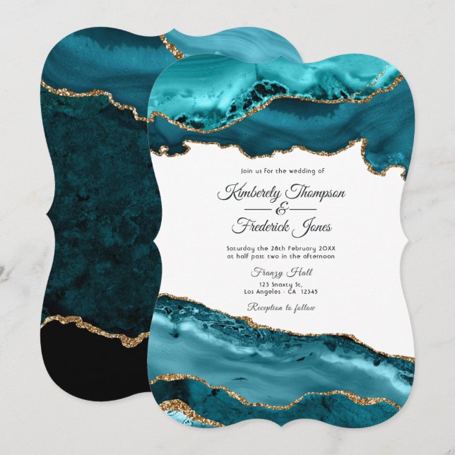 Convite Casamento com Ágata Azul e Dourado (Frente/Verso)