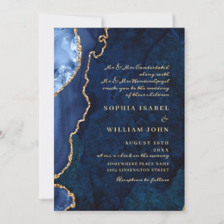 Convite Casamento com Agata Azul Marble, Marinho moderno