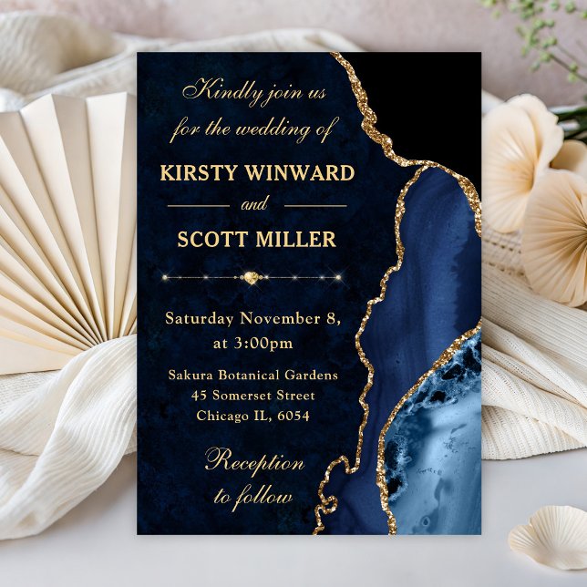 Convite Casamento com Ágata Brilhante Azul e Dourado e Már (Criador carregado)