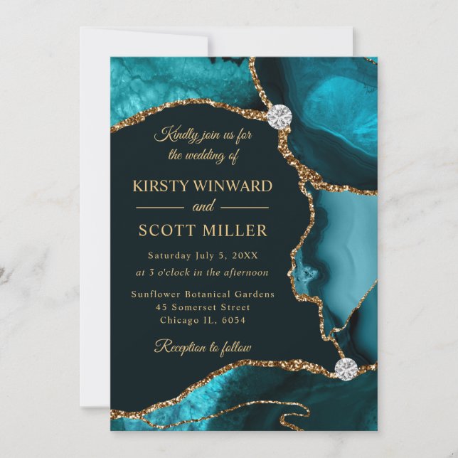 Convite Casamento com Ágata Brilhante Falsa Azul e Dourado (Frente)