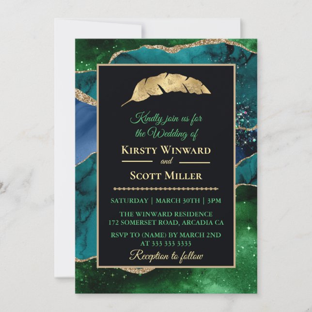 Convite Casamento com Ágata Brilho Azul Verde Dourado (Frente)