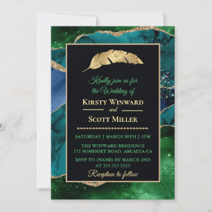 Convite Casamento com Ágata Brilho Azul Verde Dourado