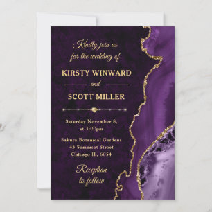 Convite Casamento com Ágata Brilho Roxo e Dourado e mármor