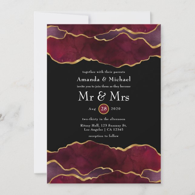 Convite Casamento com Ágata Burgundy e Dourado (Frente)