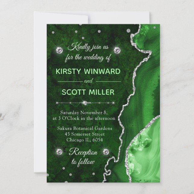 Convite Casamento com Ágata e Brilho Verde e Prata (Frente)