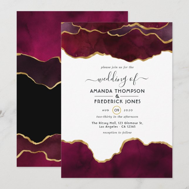 Convite Casamento com Ágata em Burgundy e Dourado (Frente/Verso)