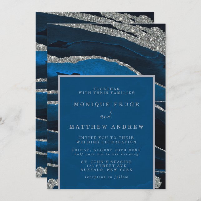 Convite Casamento com Agitação de marinho Azul e Silver (Frente/Verso)