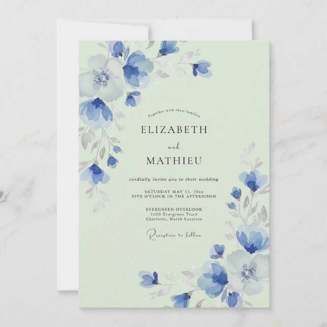 Convite Casamento com Aguarela Azul Água-Mint Pálido (Frente)