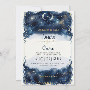 Convite Casamento com aguarela azul marinho de noite estre