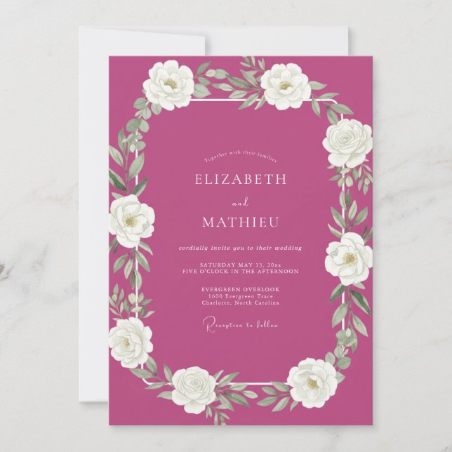 Convite Casamento com Aguarela Branca Magenta (Frente)