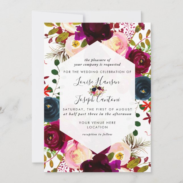 Convite Casamento com aguarela Burgundy Florals Blush Navy (Frente)
