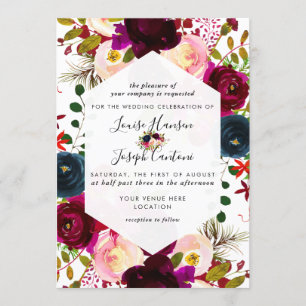 Convite Casamento com aguarela Burgundy Florals Blush Navy