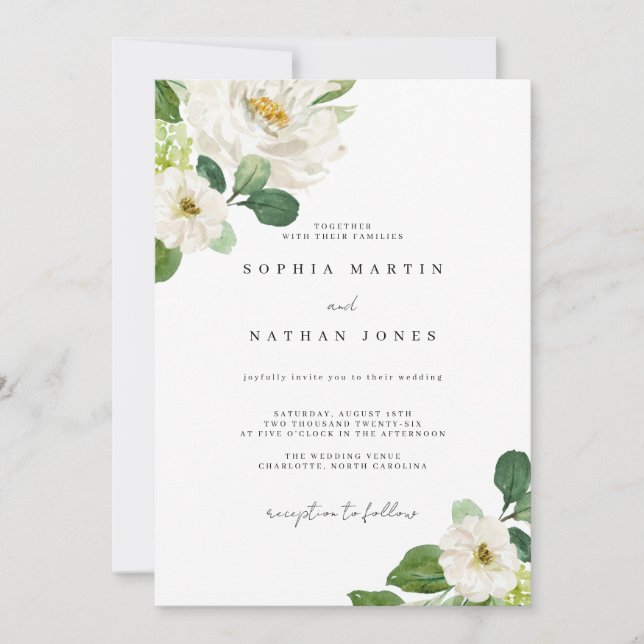 Convite Casamento com aguarela de greenery e marfim floral (Frente)