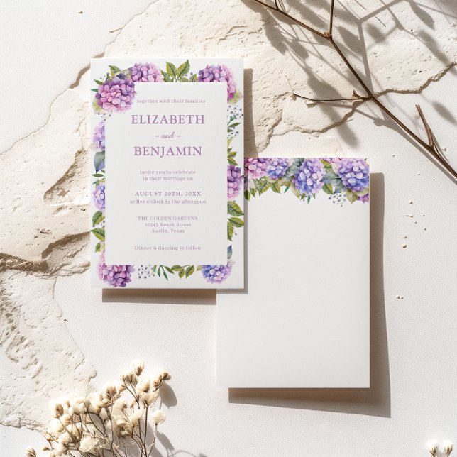 Convite Casamento com aguarela de Hortênsias Rosa e Roxo (Front / Back)