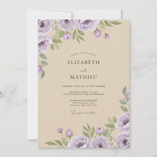 Convite Casamento com Aguarela de Lilás Creme (Frente)