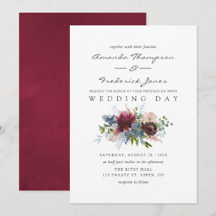 Convite Casamento com aguarela floral em Burgundy e Azul M
