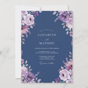Convite Casamento com aguarela floral lilás Navy
