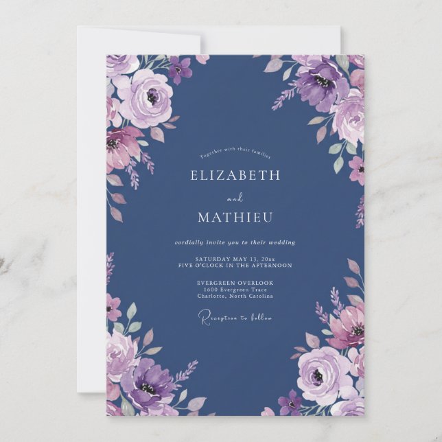 Convite Casamento com aguarela floral lilás Navy (Frente)