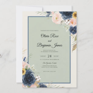 Convite Casamento com Aguarela Navy Sage