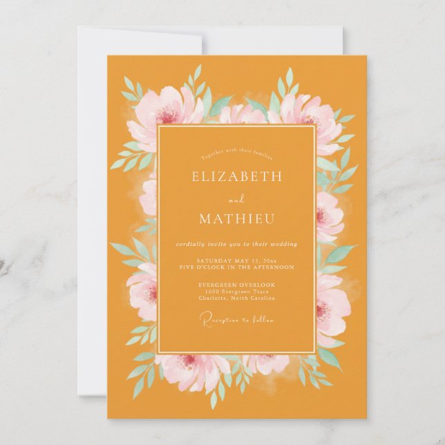 Convite Casamento com Aguarela Rosa Mostarda (Frente)