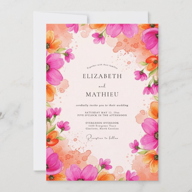 Convite Casamento com Aguarela Vibrante Magenta (Frente)