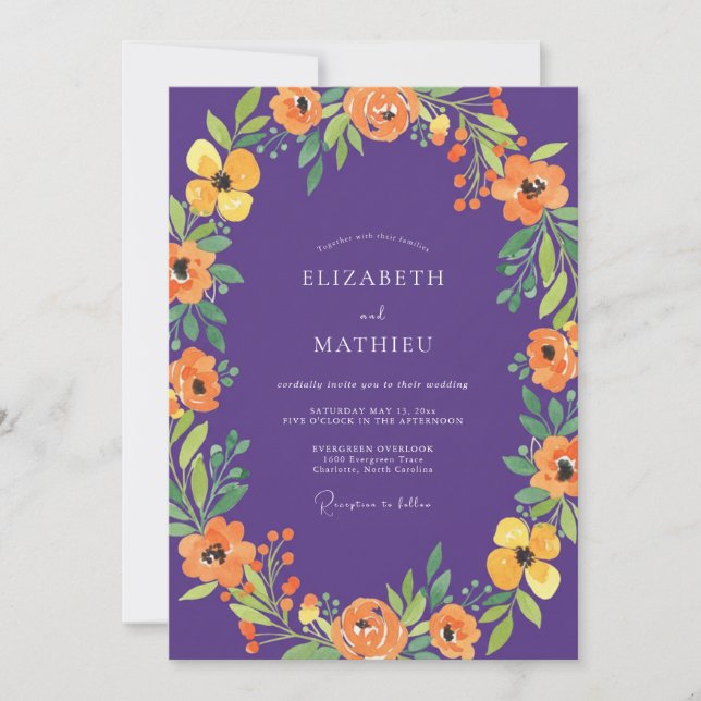 Convite Casamento com Amapola Laranja Violeta Botânica (Frente)