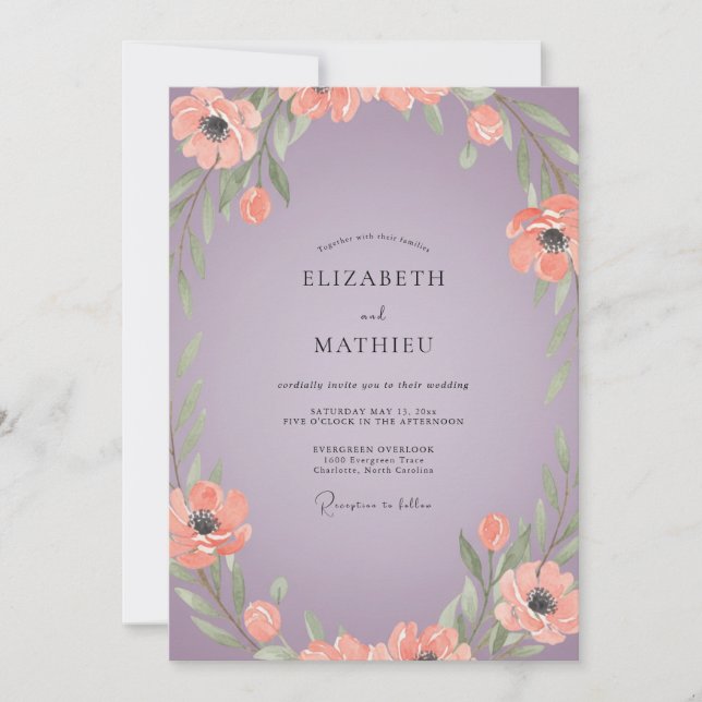 Convite Casamento com Amapola Rosa-Malva (Frente)