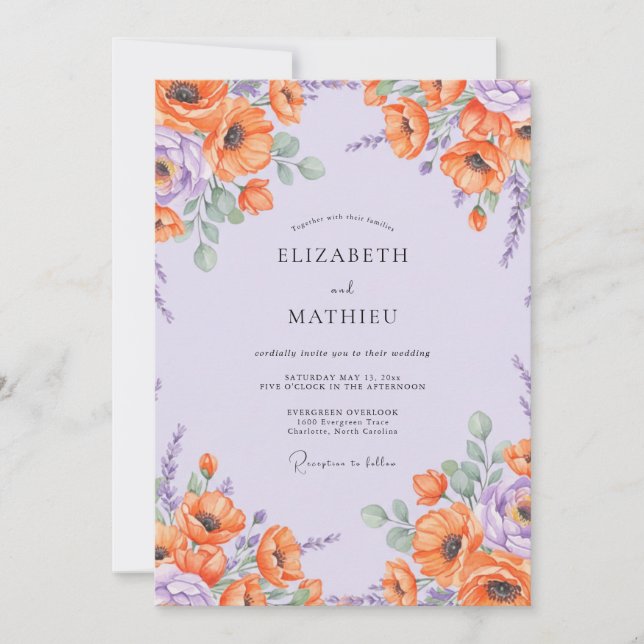 Convite Casamento com Amarelo-laranja e Lilás (Frente)