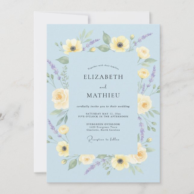 Convite Casamento com Amarelo Limão e Papoula Azul-Celeste (Frente)