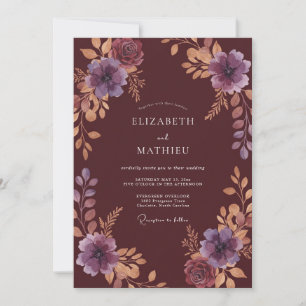 Convite Casamento com Ameixa Tinta Âmbar Folhagem