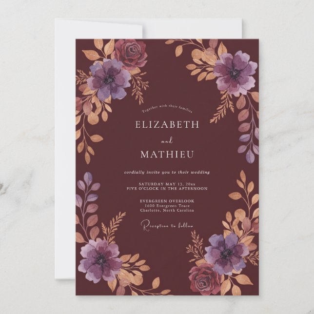 Convite Casamento com Ameixa Tinta Âmbar Folhagem (Frente)
