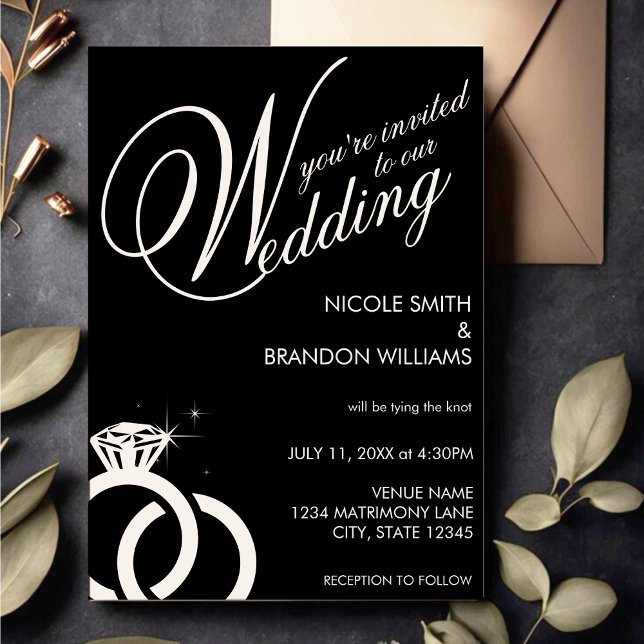 Convite Casamento com Anéis de Diamante Branco e Preto (White & Black Diamond Ring Wedding Invitation)