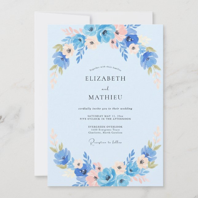 Convite Casamento com Anêmona Azul Pêssego (Frente)