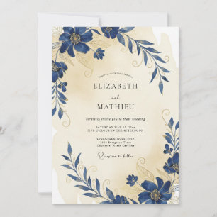 Convite Casamento com Anêmona Creme Índigo