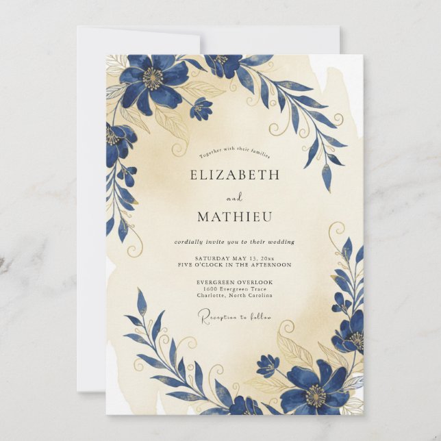 Convite Casamento com Anêmona Creme Índigo (Frente)