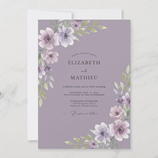 Convite Casamento com Anêmona de Ámbar Roxo Desbotado (Frente)