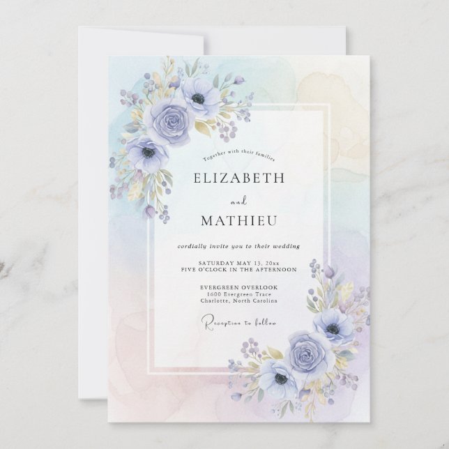Convite Casamento com Anêmona Dourada e Periwinkle (Frente)