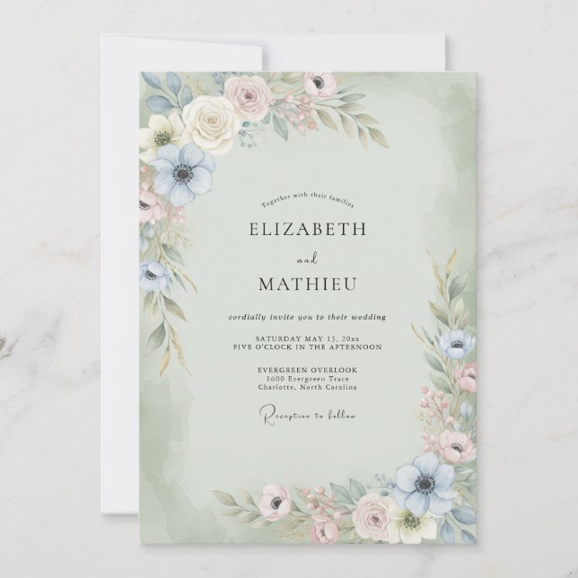 Convite Casamento com Anêmona e Menta Champagne (Frente)
